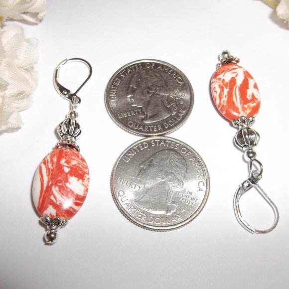 Orange & White Gemstone Earrings Beaded Jewelry Unique Colorful Lever Back 6737 - Picture 3 of 8